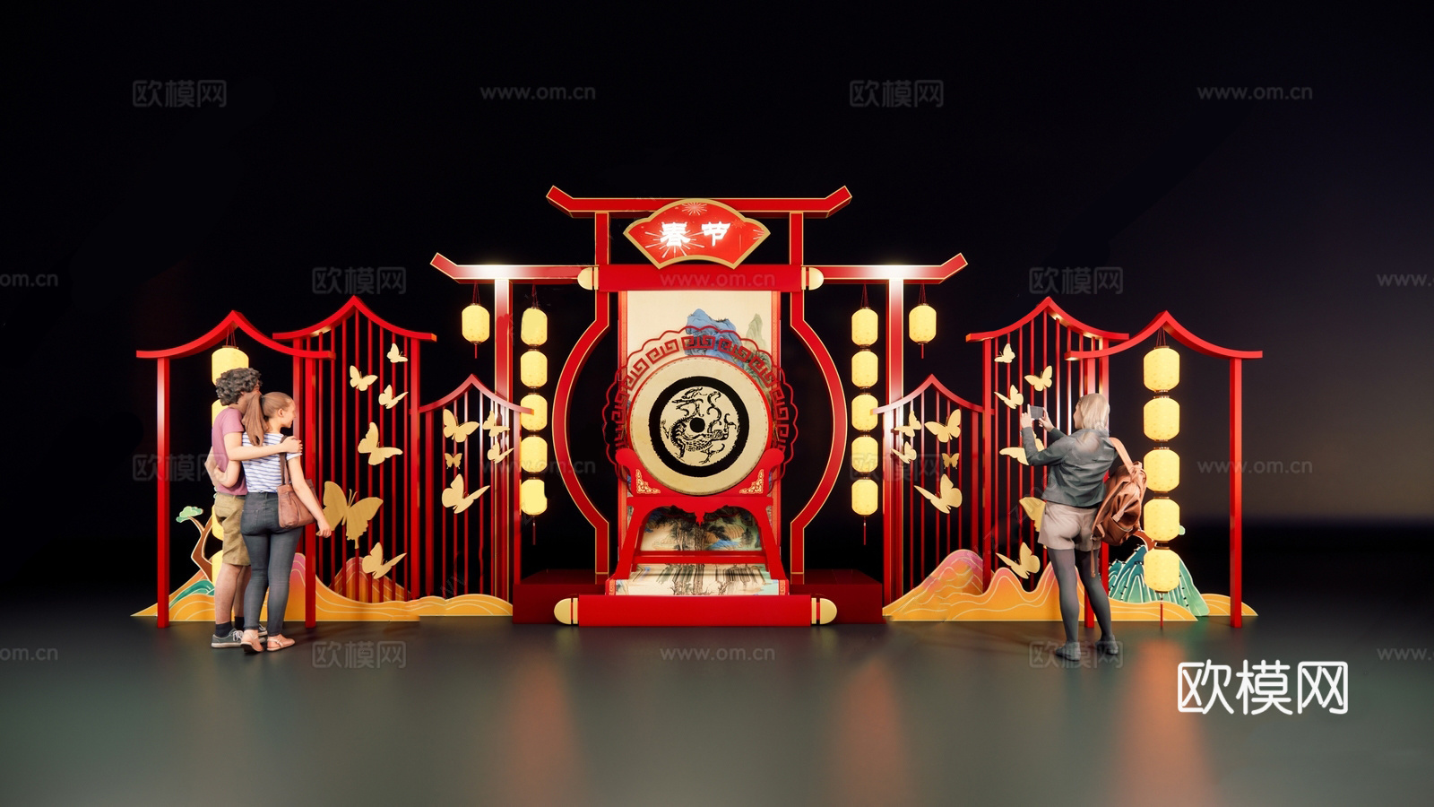 新中式春节美陈 灯笼互动拍照打卡su模型