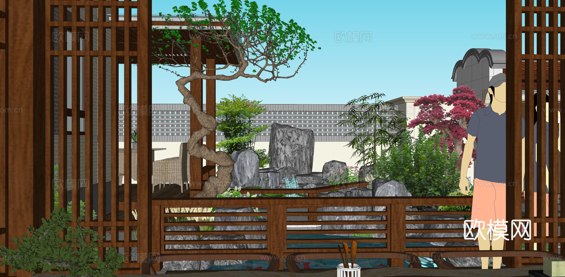 新中式庭院花园su模型下载