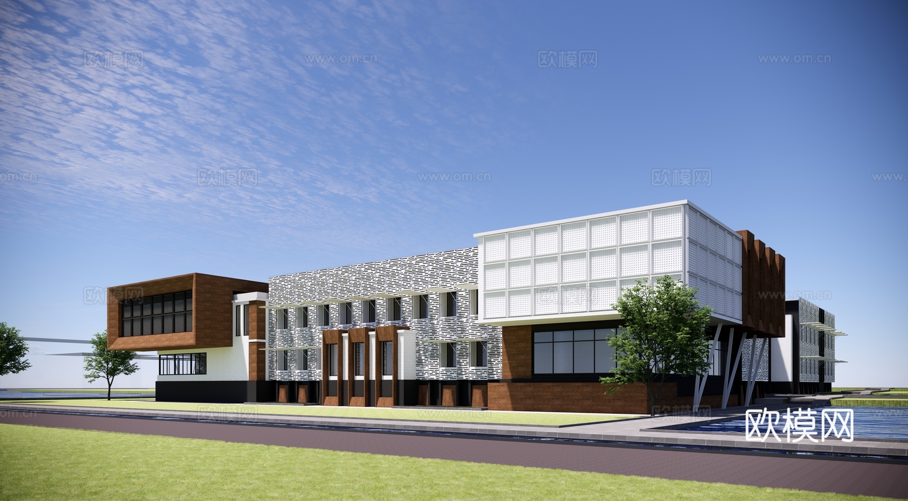 现代学校建筑外观su模型下载