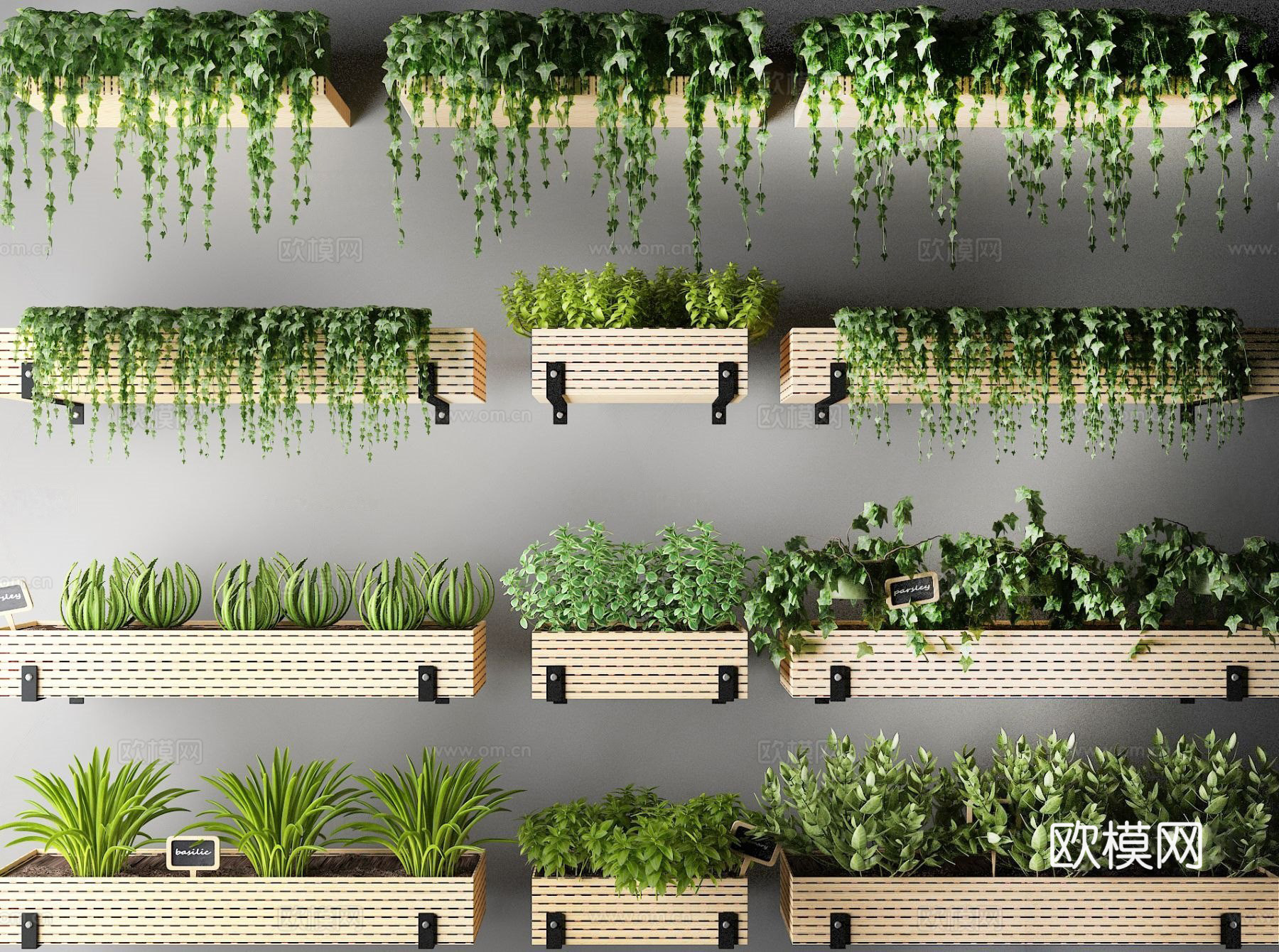 现代壁挂吊挂绿植花槽盆栽su模型下载
