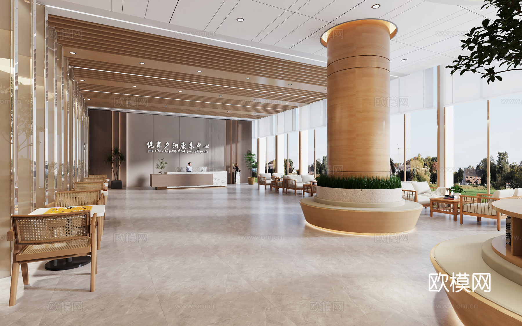 养老院接待大厅 疗养院敬老院 康养中心大厅前台 日间照料中心3d模型下载（渲染图1）