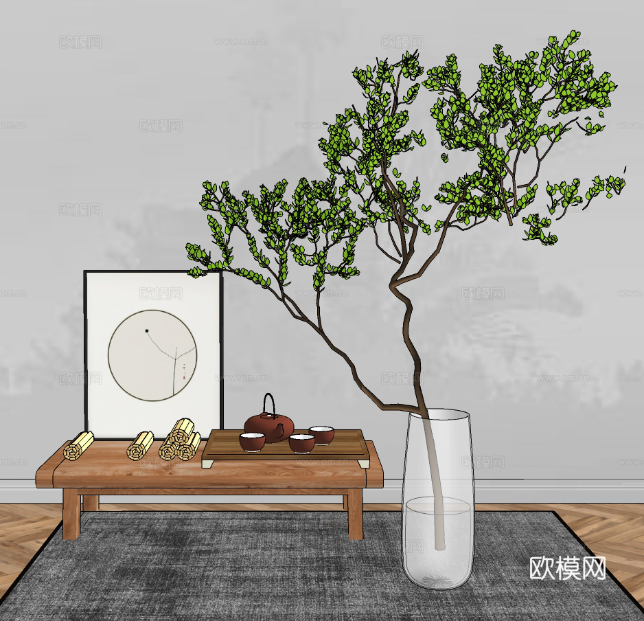 新中式茶具茶几su模型下载