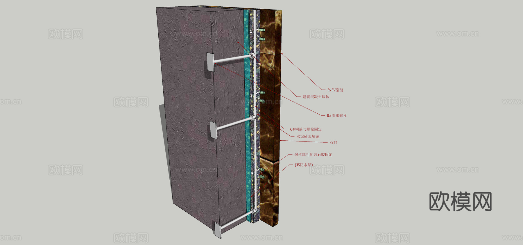 现代墙面施工节点材料分析构件su模型下载