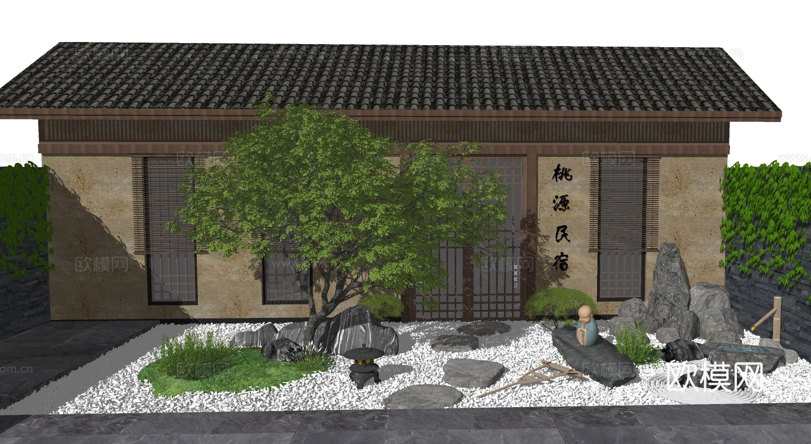新中式民宿建筑外观su模型下载