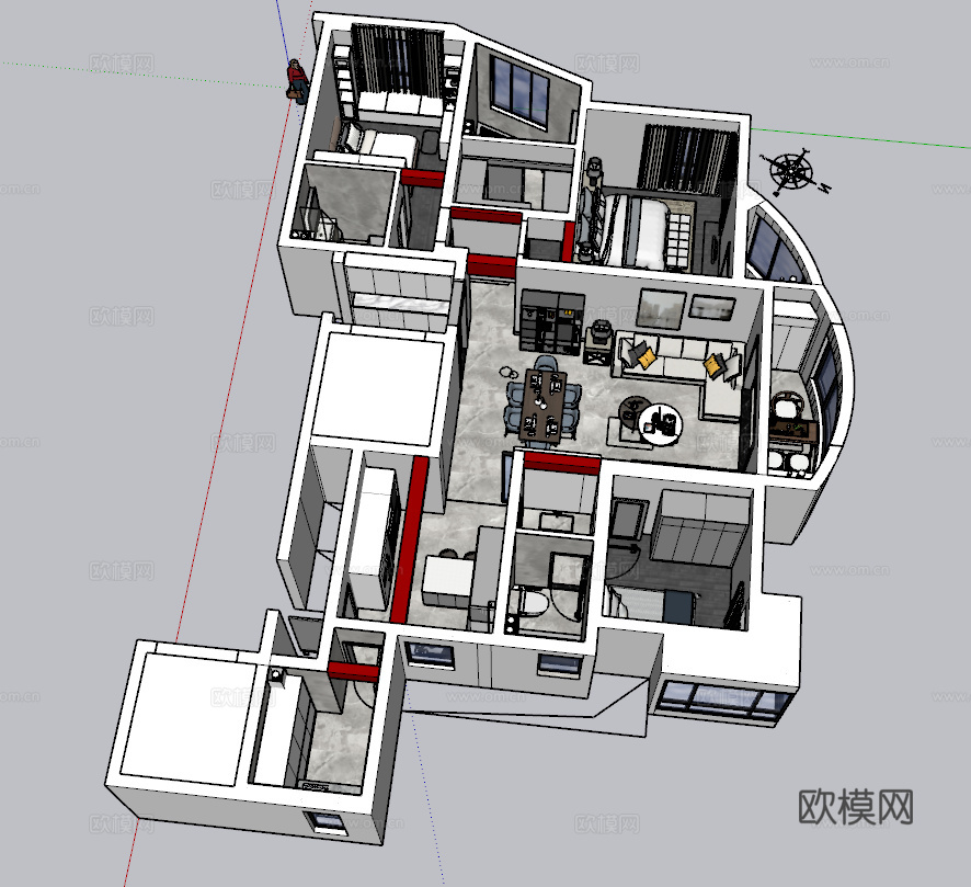 现代客餐厅su模型下载