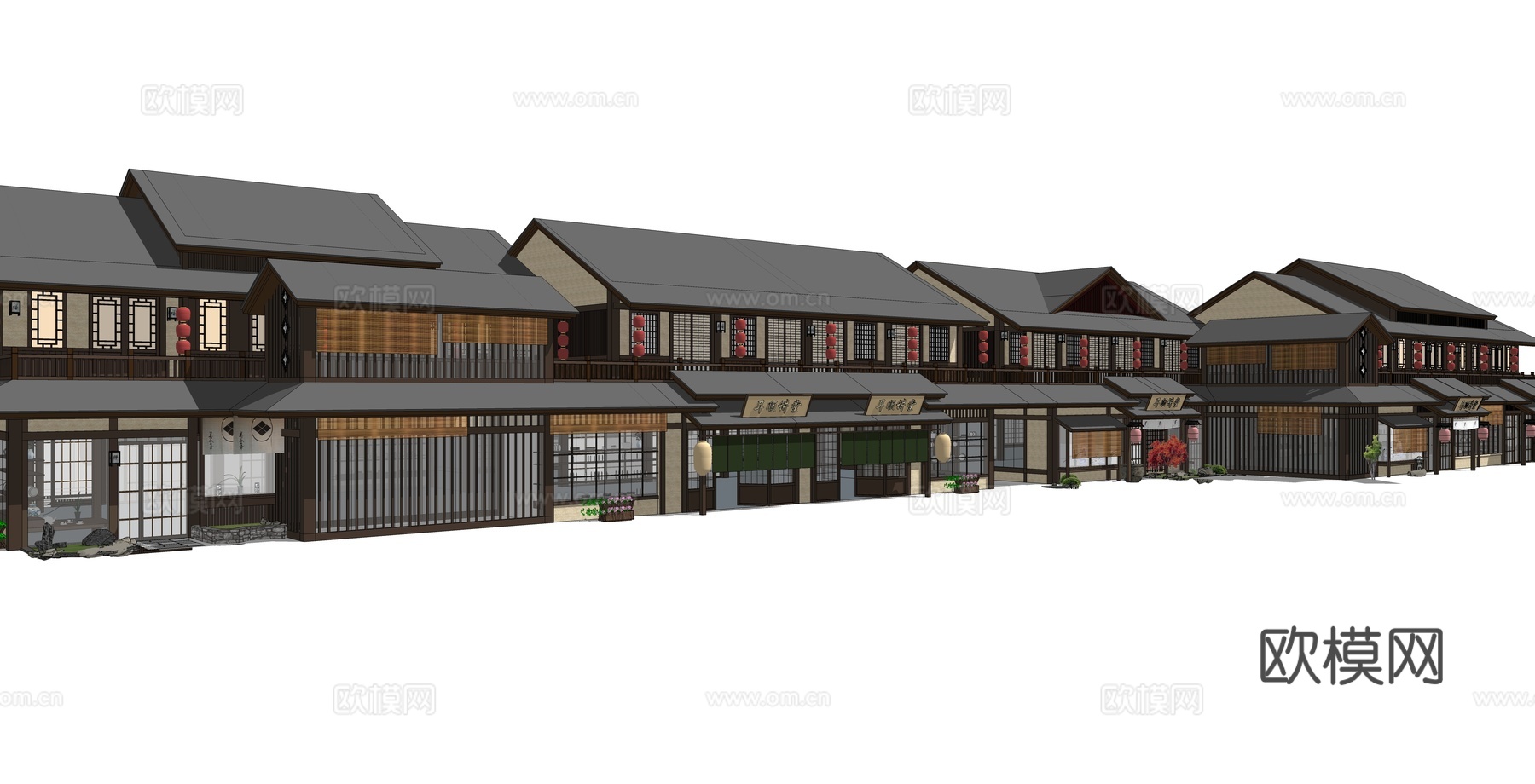 新中式商铺建筑外观su模型下载