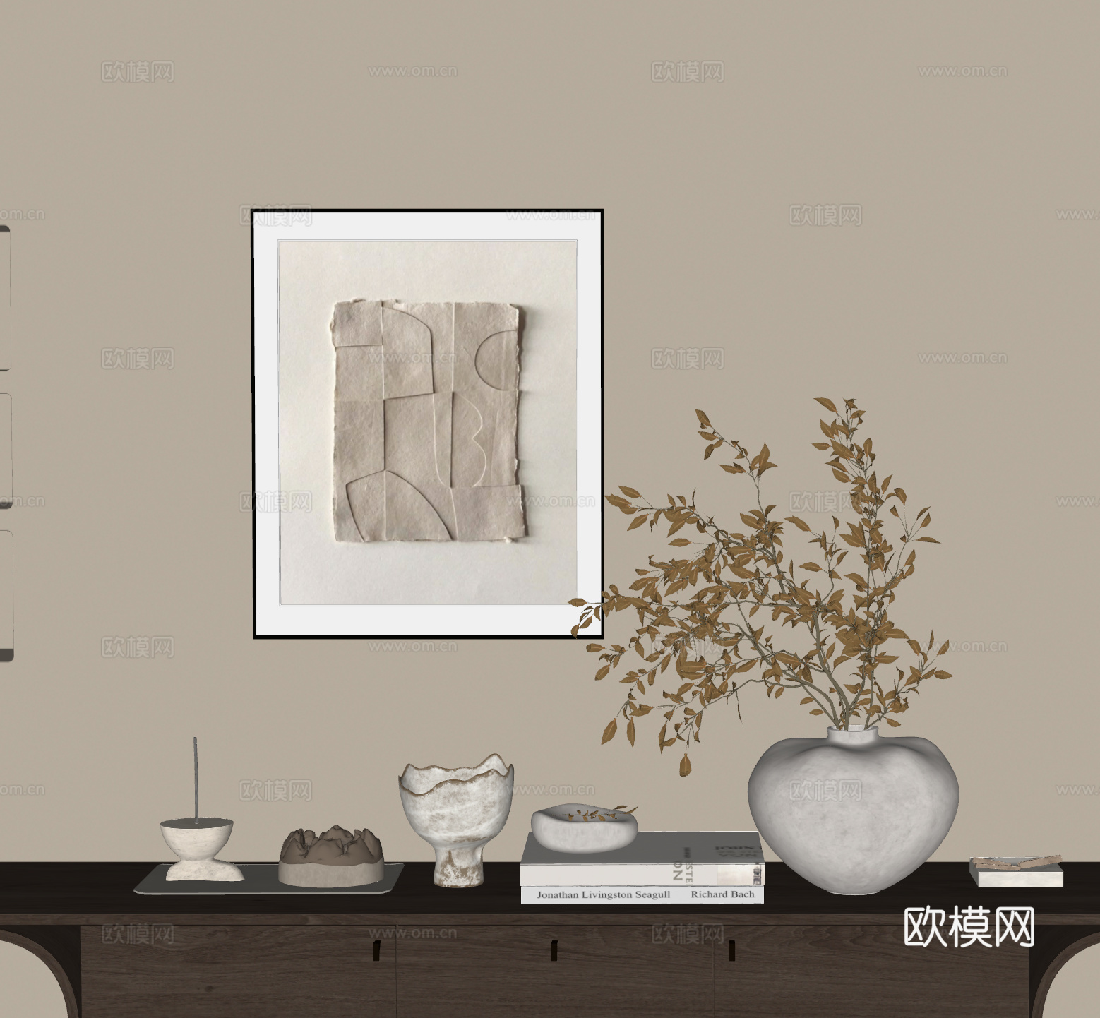 现代陈设摆件 植物 挂画 桌面装饰 书籍 装饰品 干花su模型