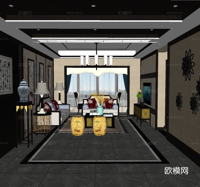 新中式客厅su模型下载