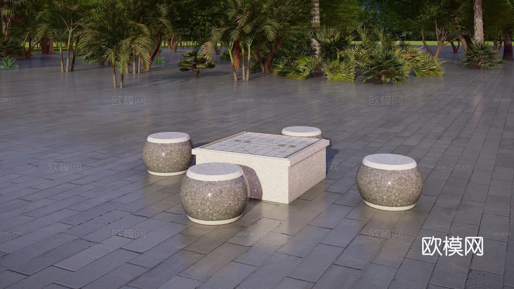 新中式象棋石凳公用椅su模型下载