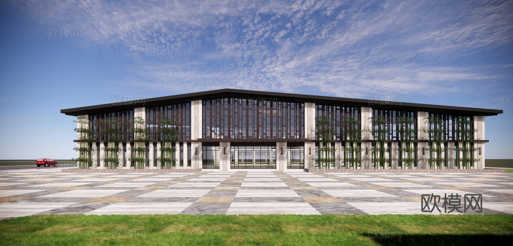 新中式展览馆建筑外观su模型下载