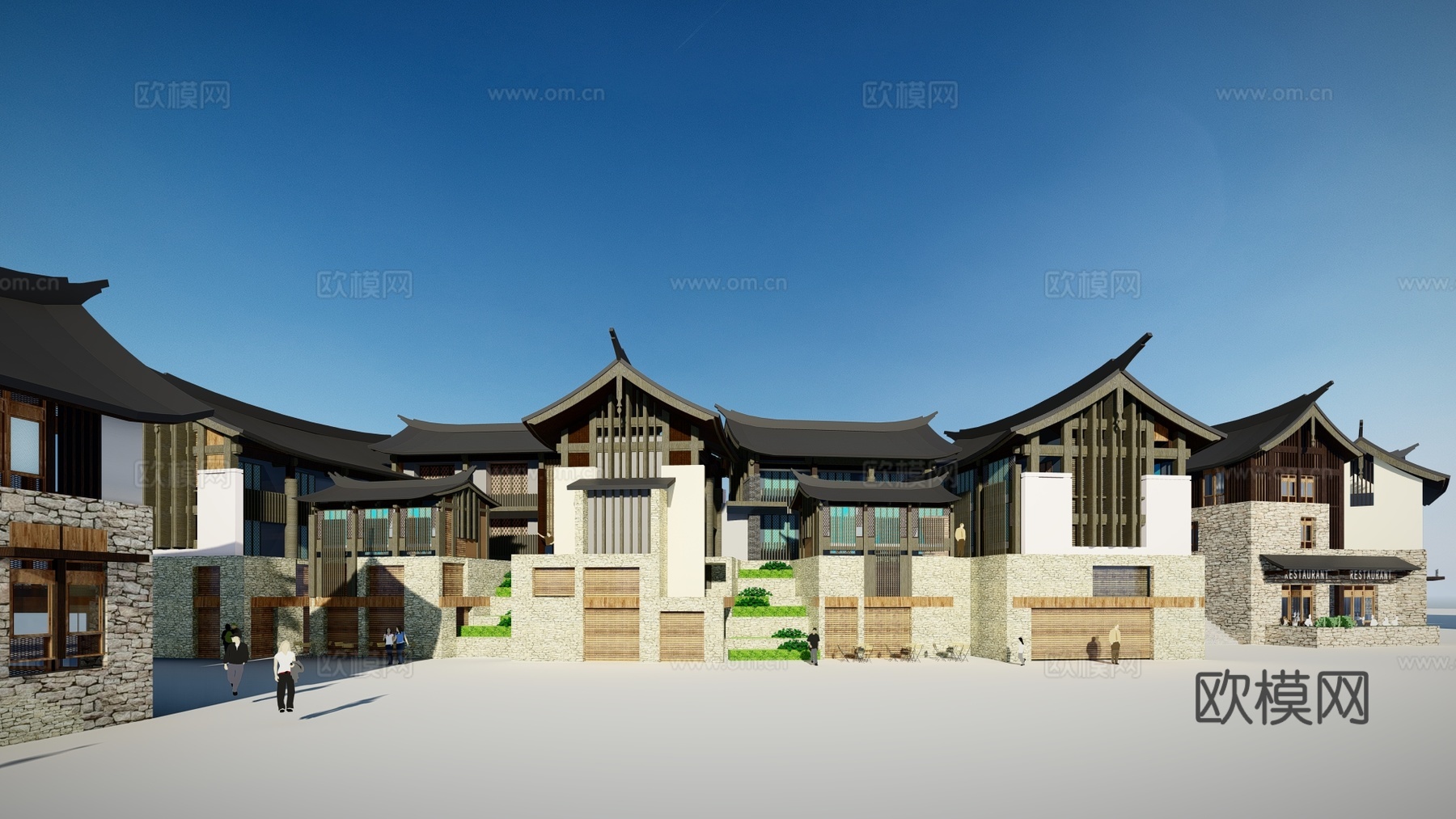 新中式度假酒店建筑外观su模型下载