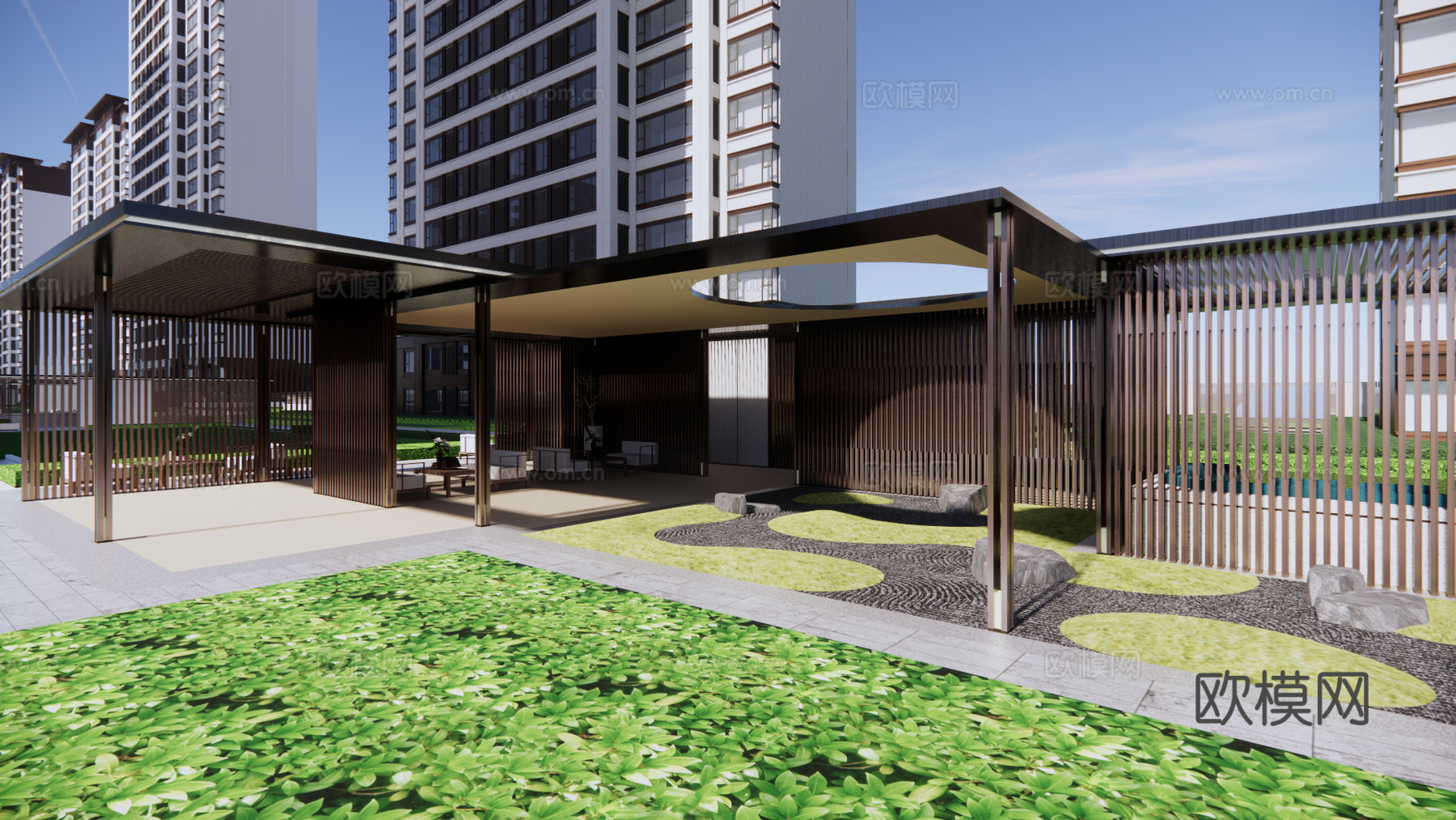 新中式住宅小区外观su模型下载