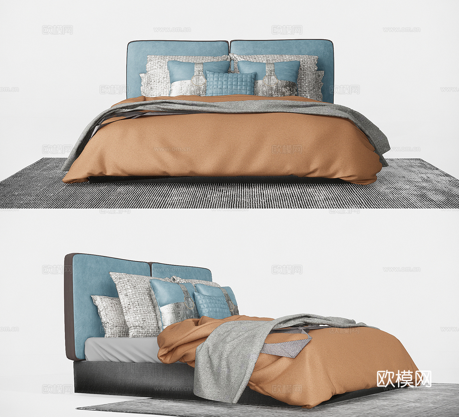 现代布艺双人床su模型下载下载（渲染图1）