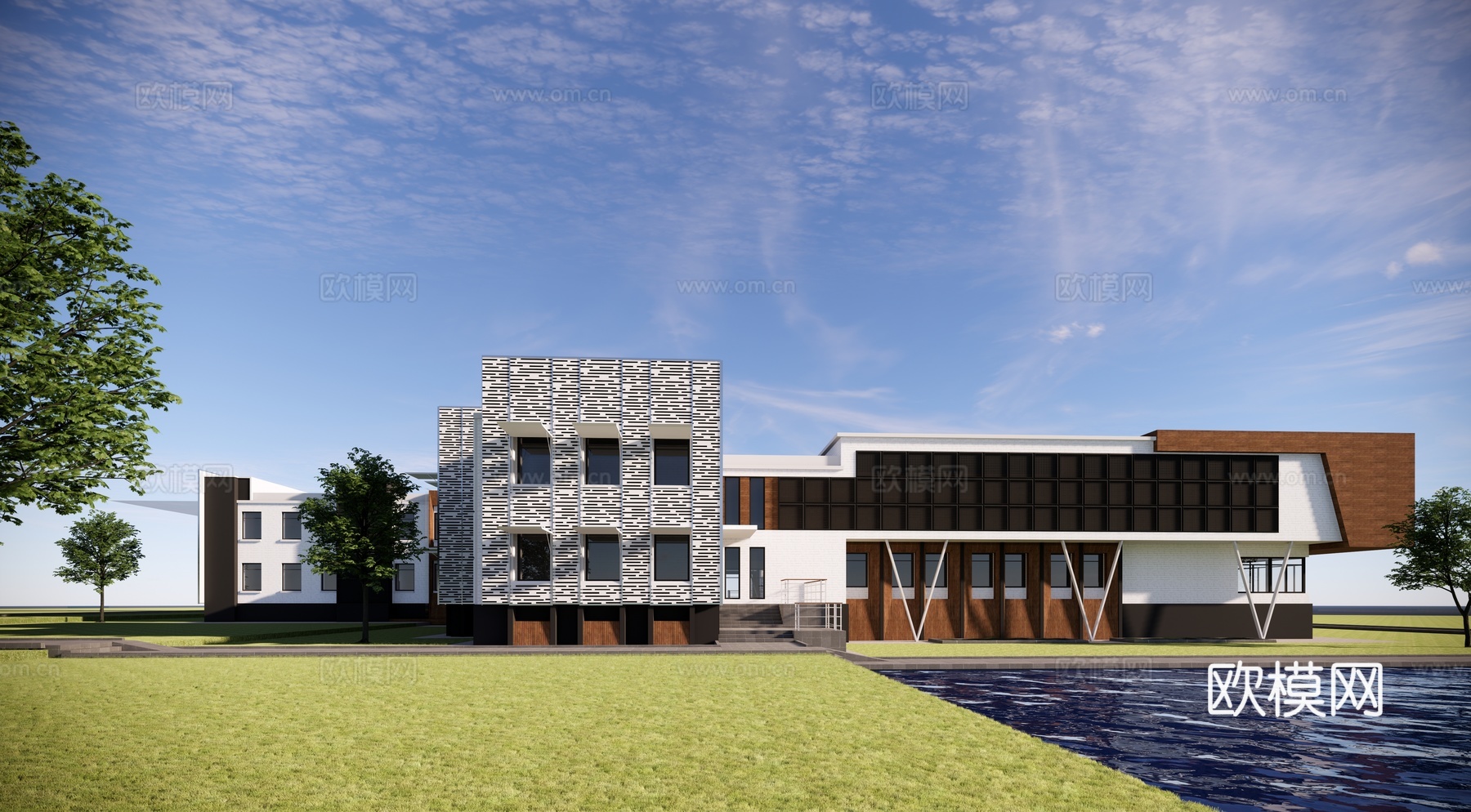 现代学校建筑外观su模型下载