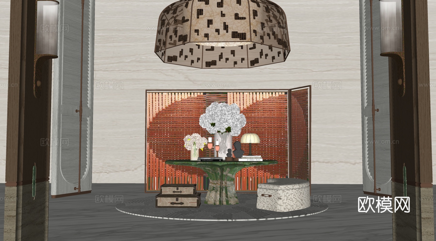 CCD酒店端景台 端景台花艺  玻璃花瓶 绿植摆件 苔藓 屏su模型