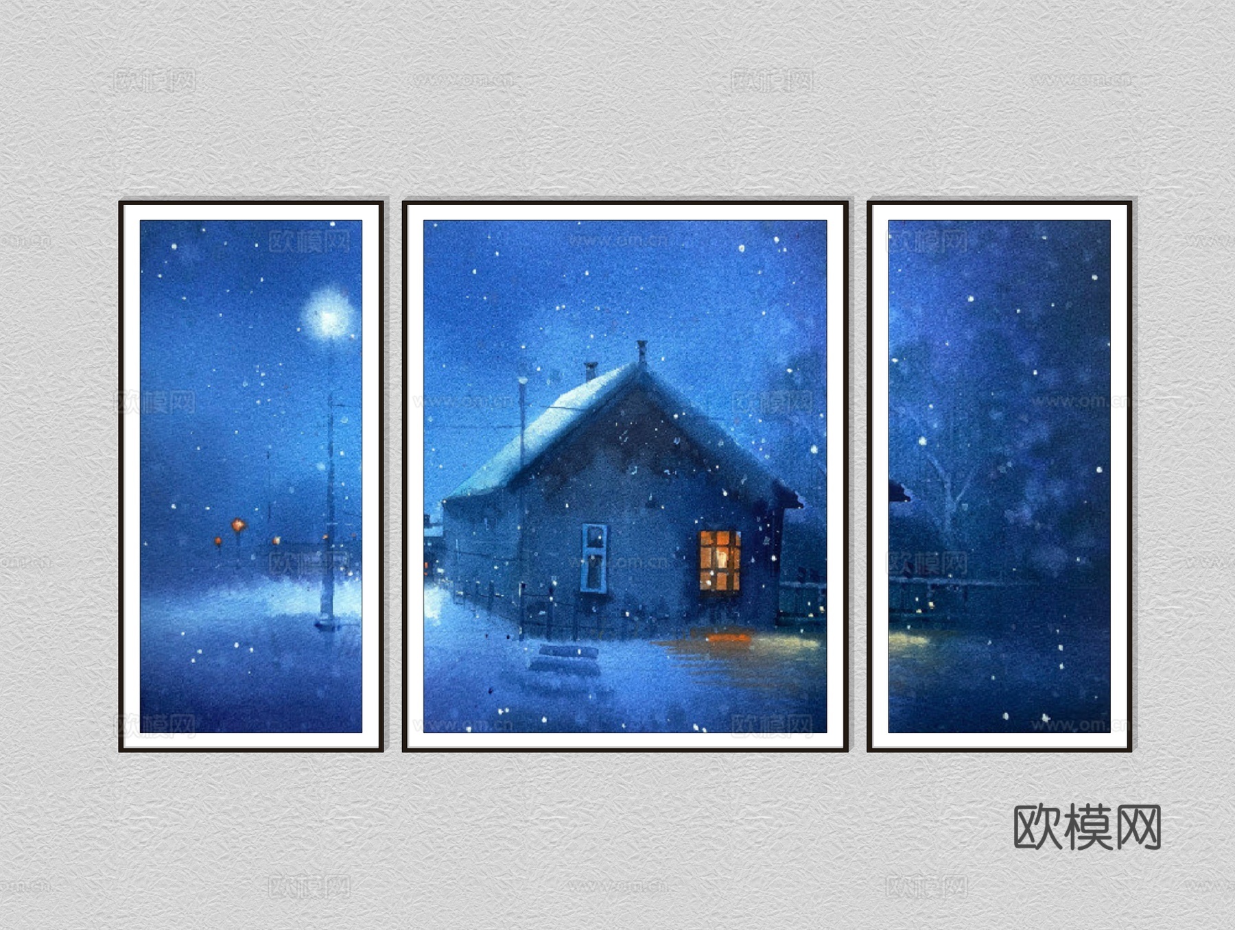 现代雪夜小屋装饰画su模型下载