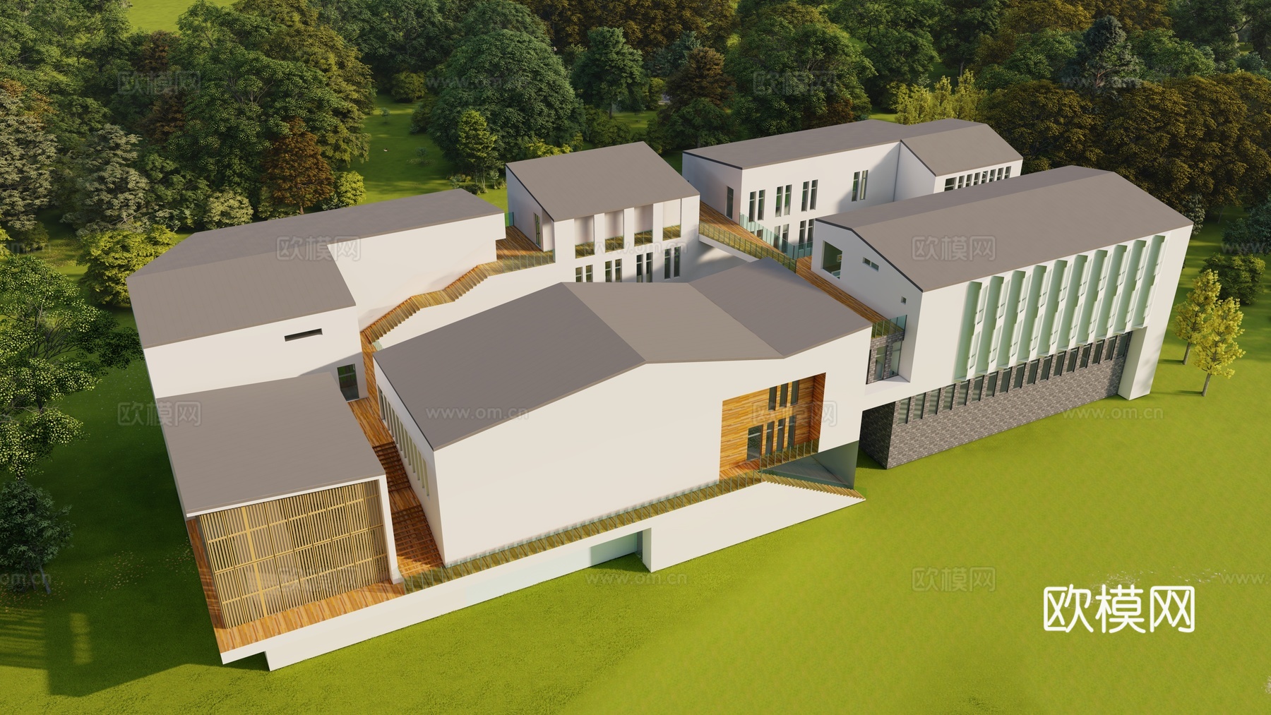 新中式展览馆建筑外观su模型下载