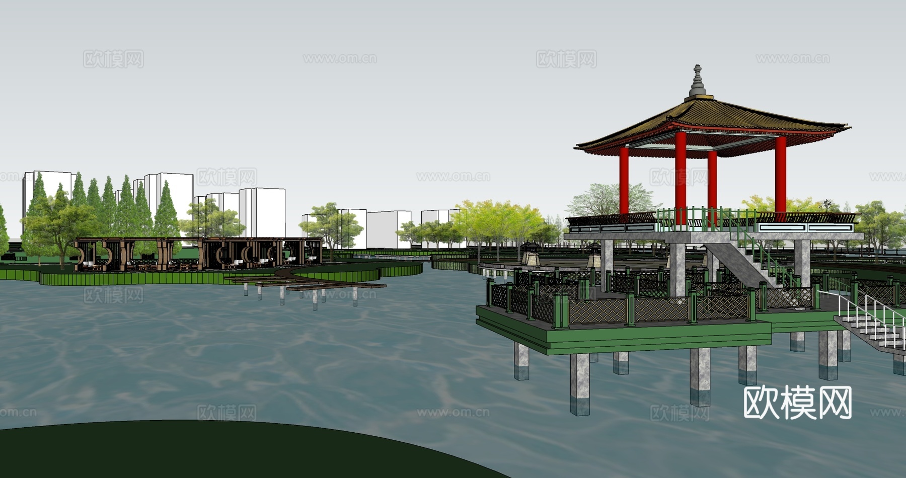 现代城市滨水公园景观su模型下载