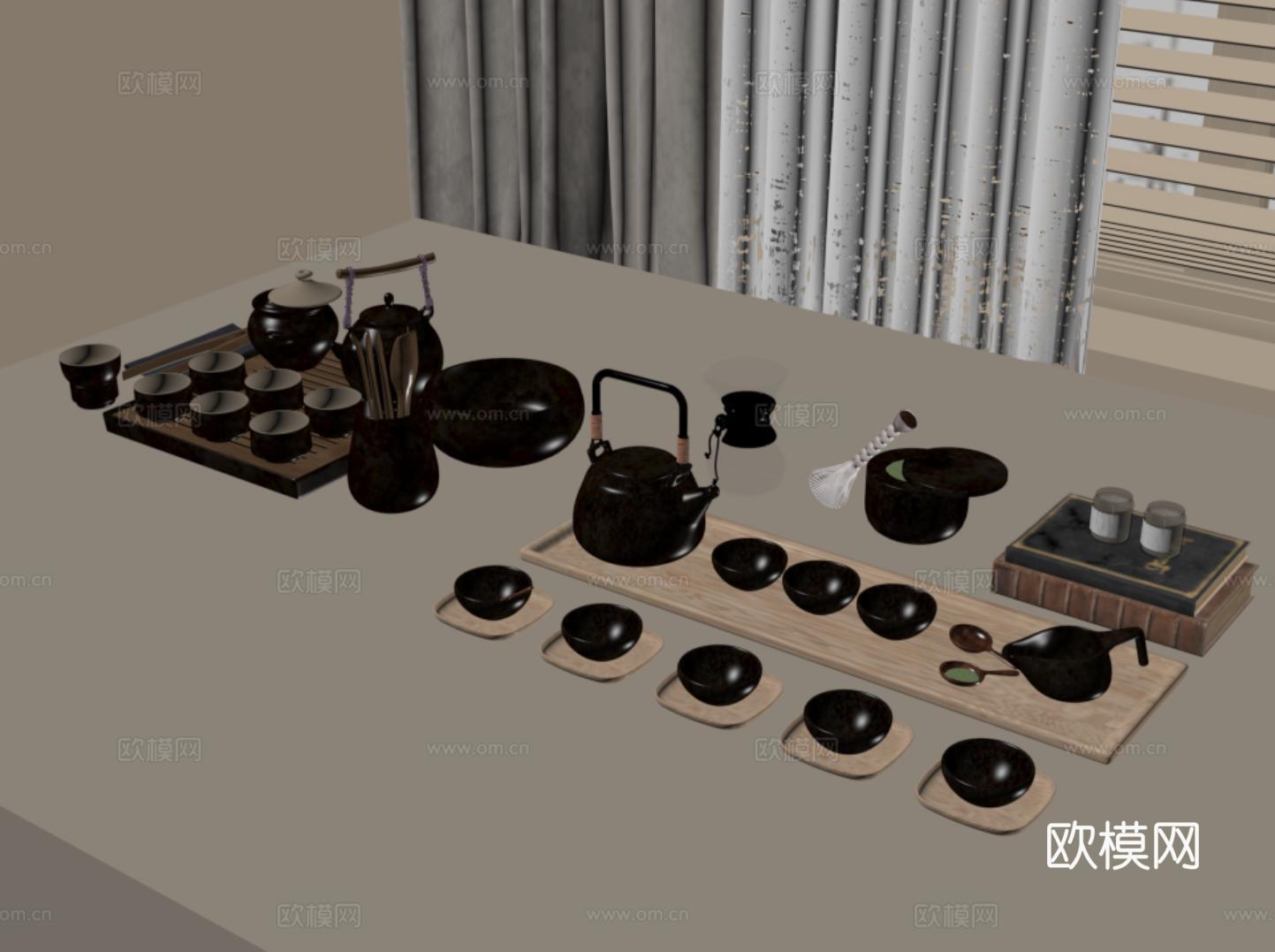 新中式茶杯 茶壶 托盘 茶具su模型