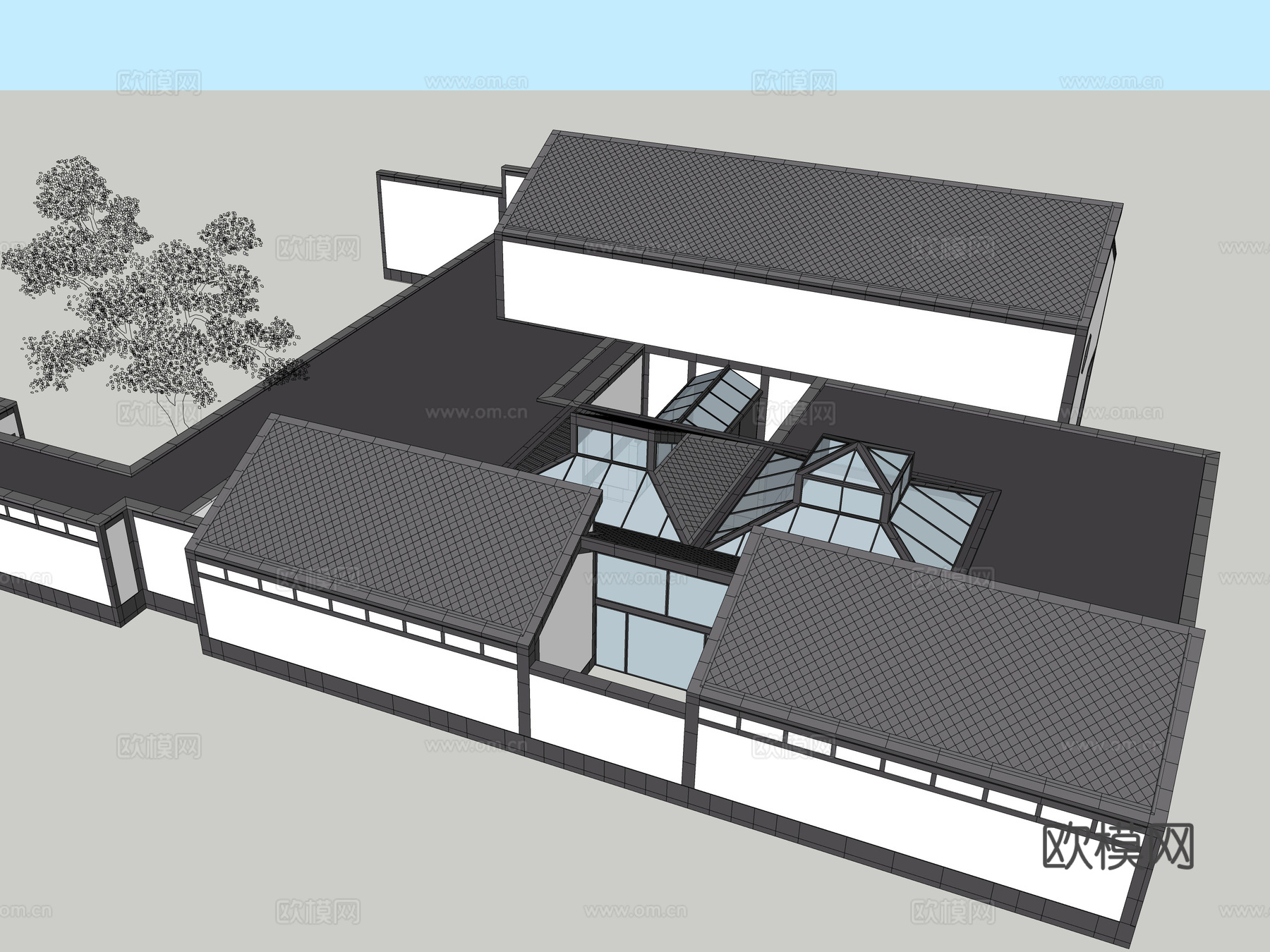 新中式博物馆建筑外观su模型下载