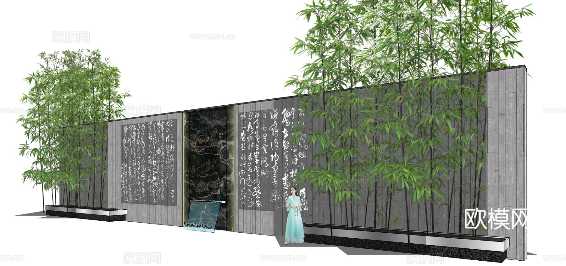 新中式庭院文字景观墙su模型下载