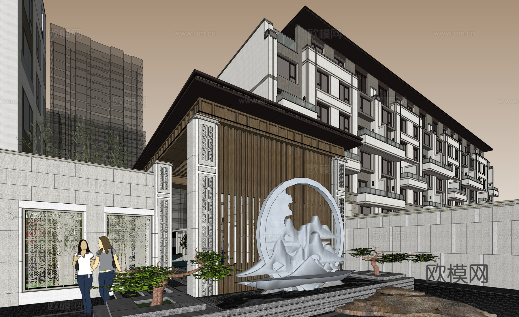 新中式住宅小区建筑外观su模型下载