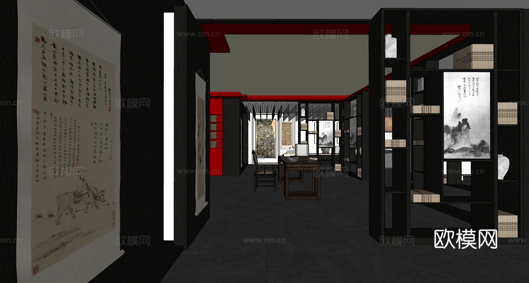新中式书画展厅su模型下载