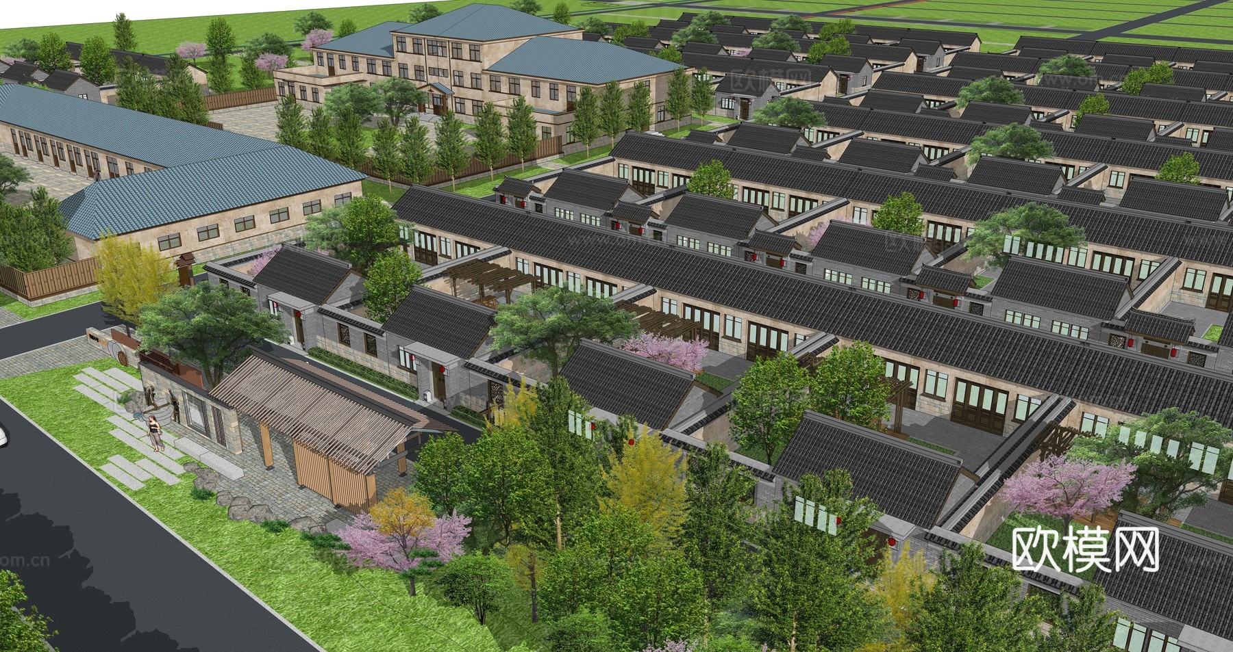 新中式新农村住宅小区su模型下载