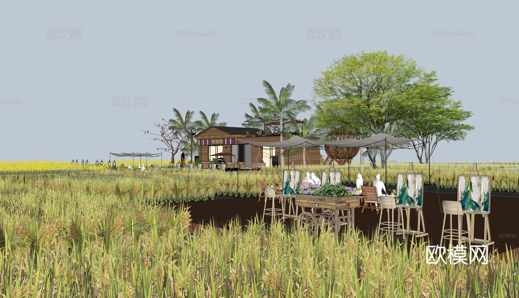 新中式乡村稻田餐厅建筑外观su模型下载