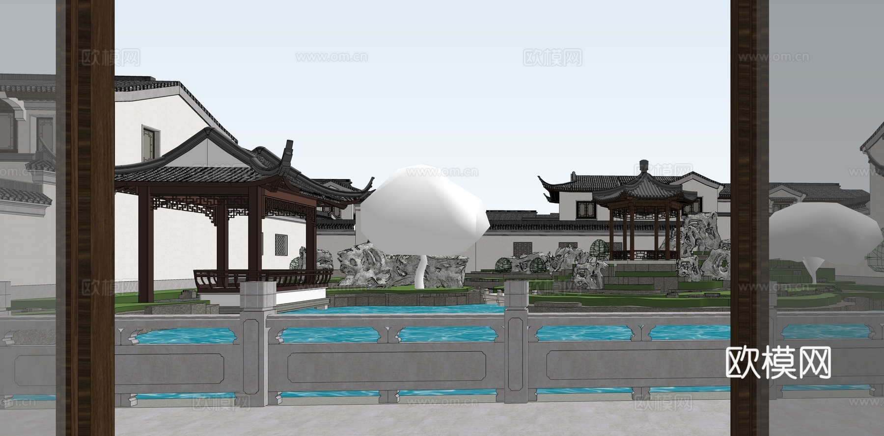 新中式古建庭院景观su模型下载