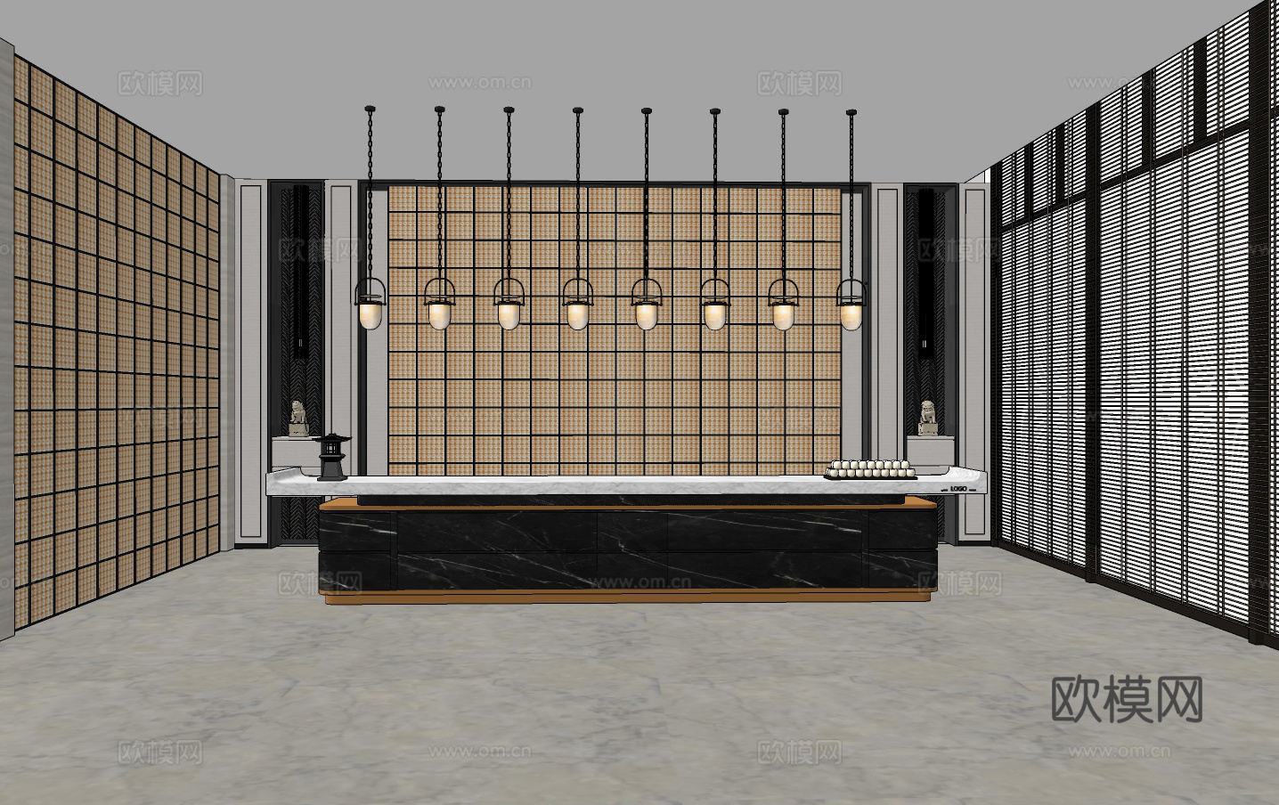 新中式酒店前台su模型下载