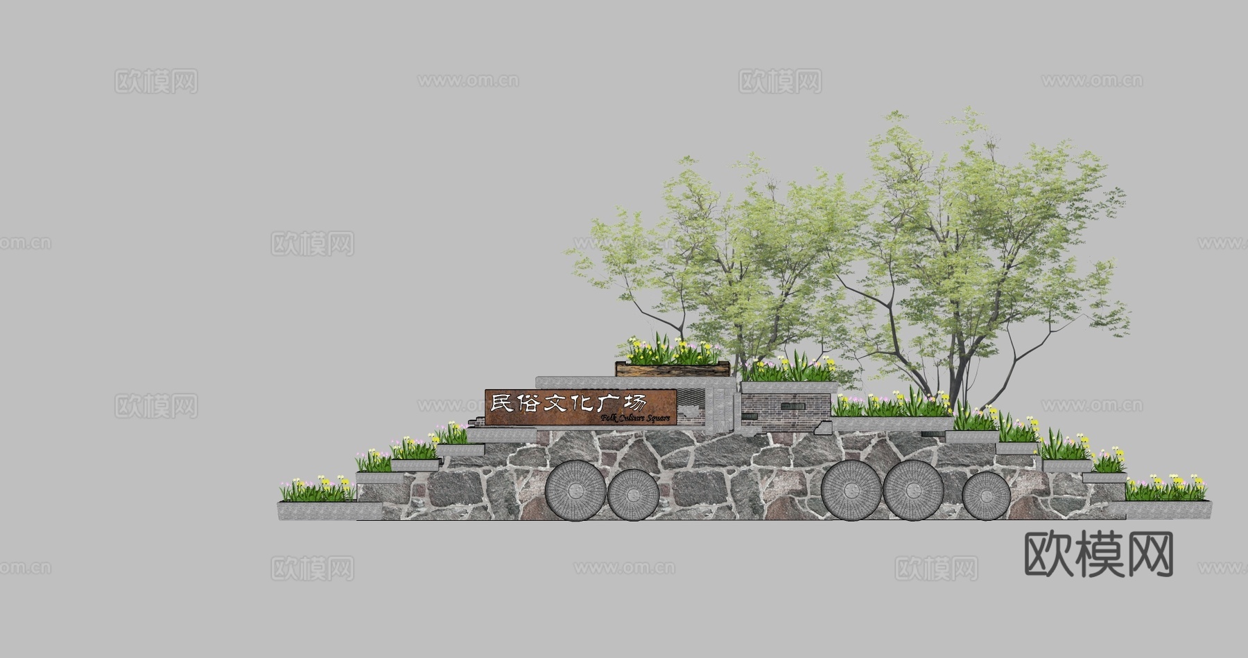 中式乡村田园农耕文化景墙su模型下载