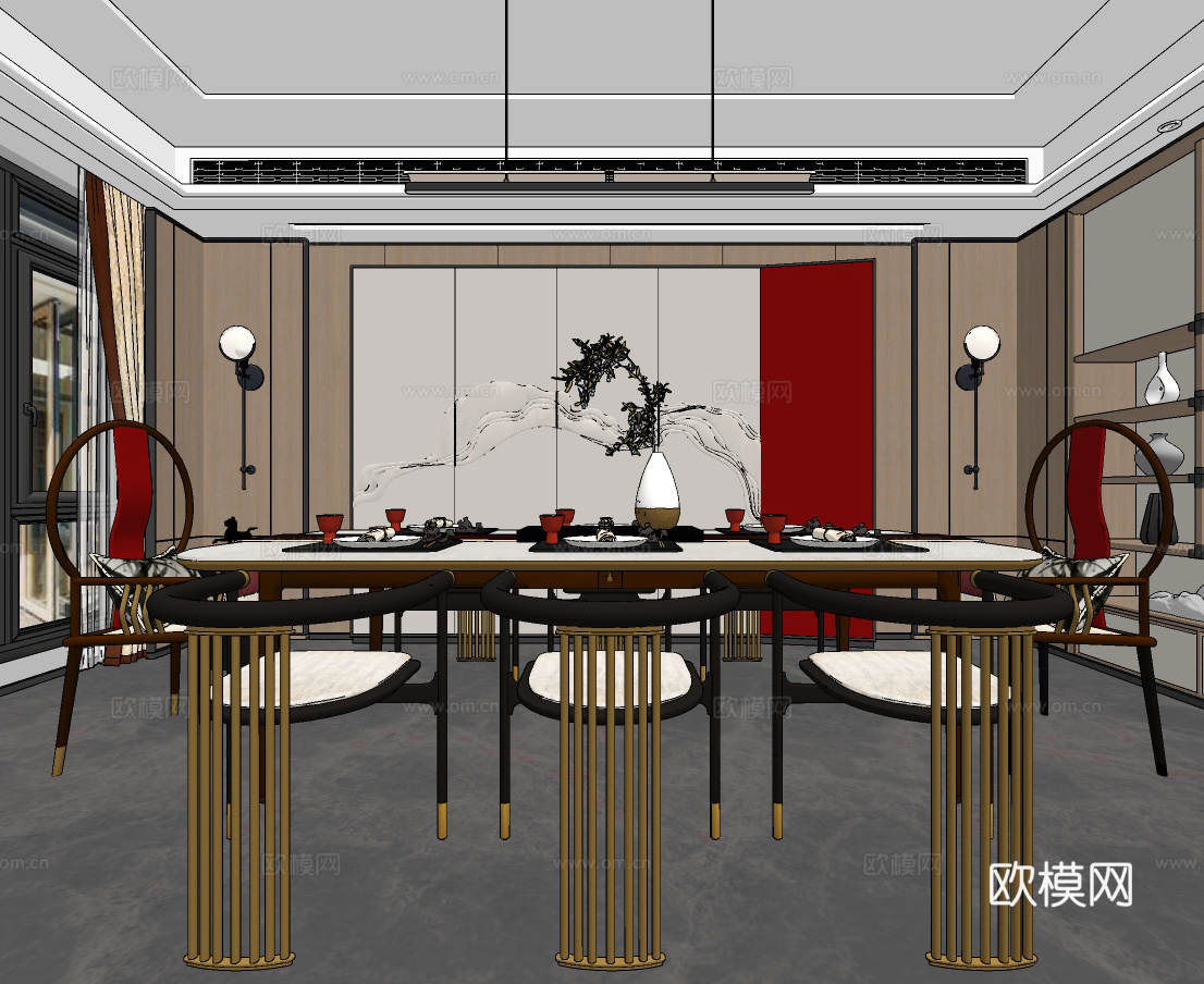 新中式餐厅su模型下载