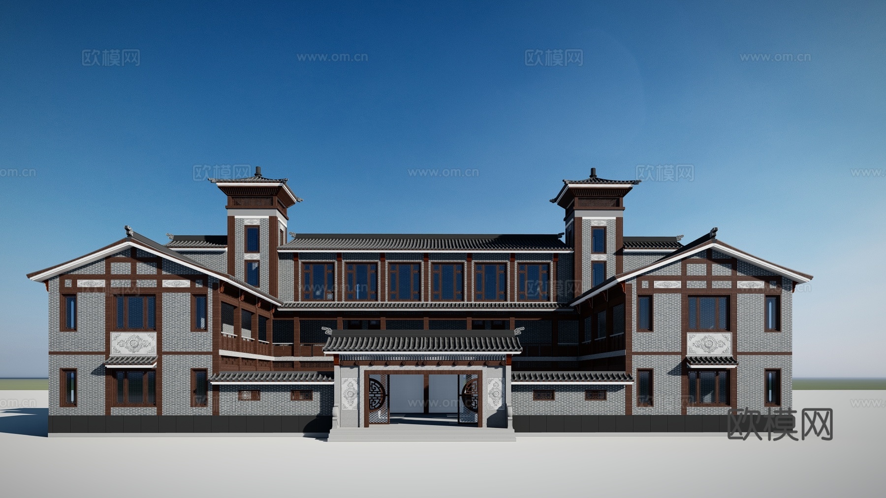 新中式徽派博物馆建筑外观su模型下载