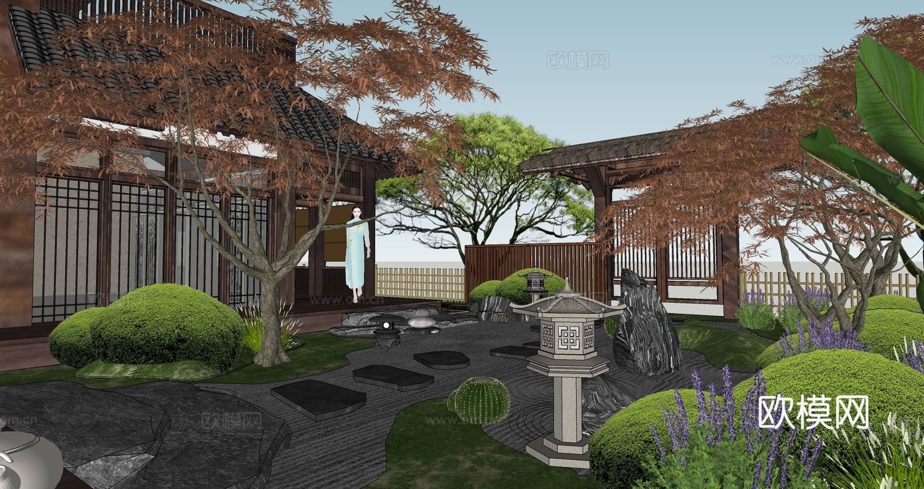 日式古建庭院花园su模型下载