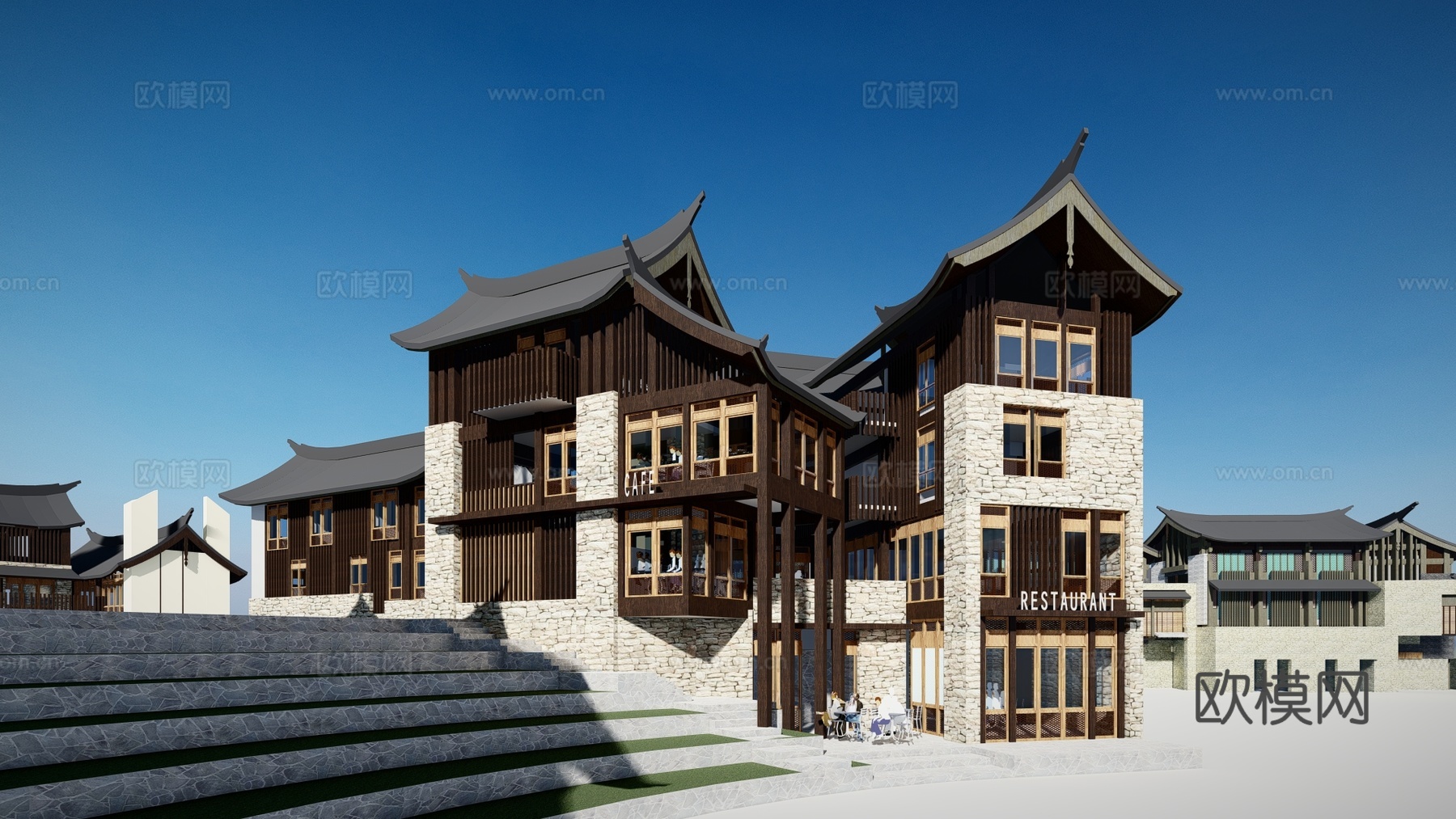 新中式度假酒店建筑外观su模型下载