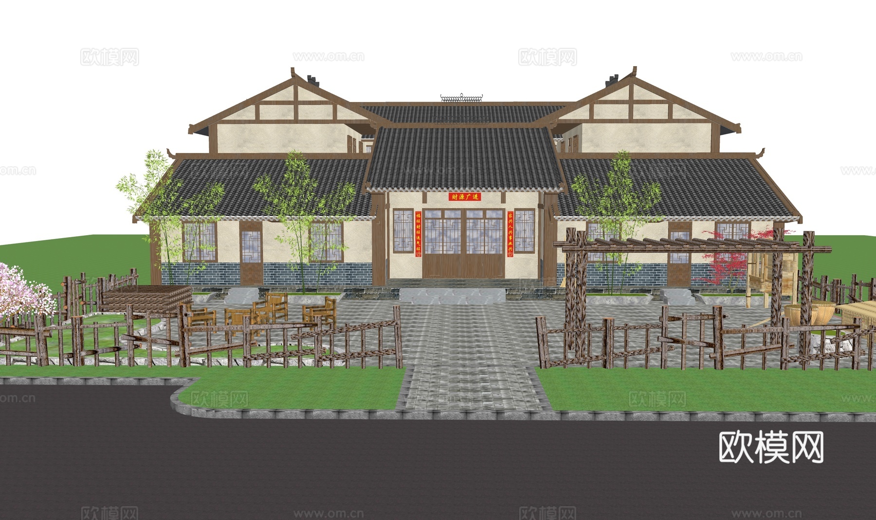 新中式古建民宿农家乐su模型下载