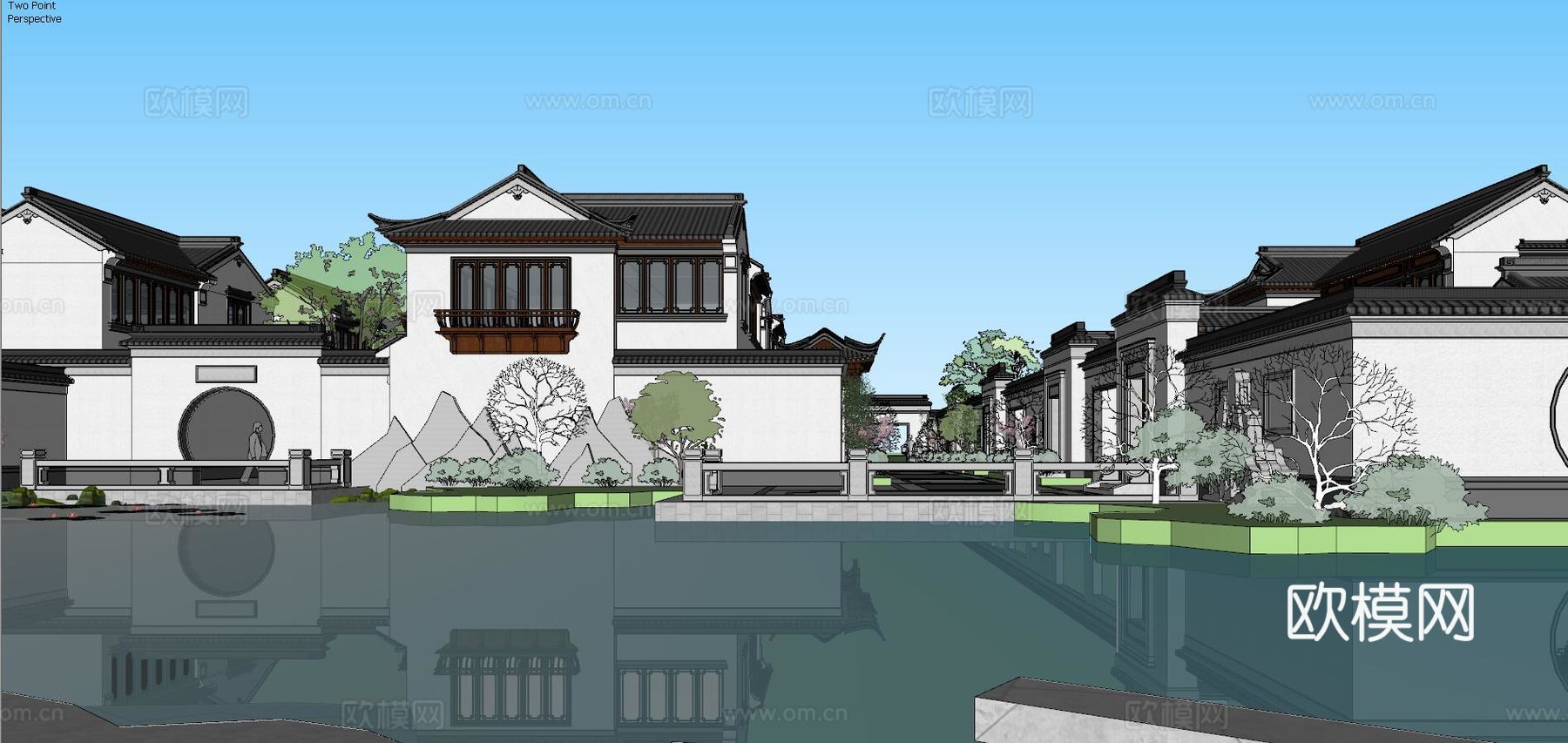 中式古建联排别墅外观su模型下载