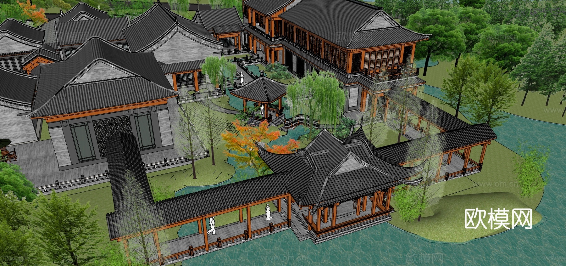 中式古建园林景观su模型下载