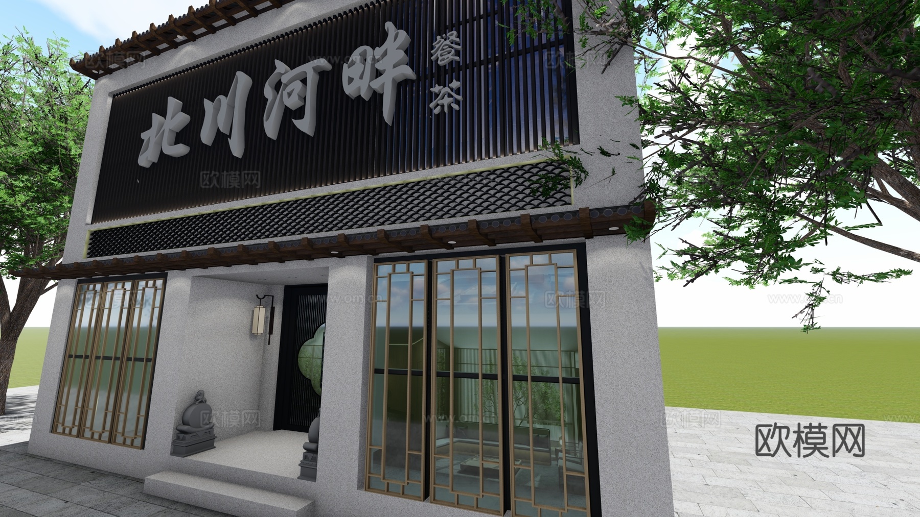 新中式茶餐厅门头门面su模型下载