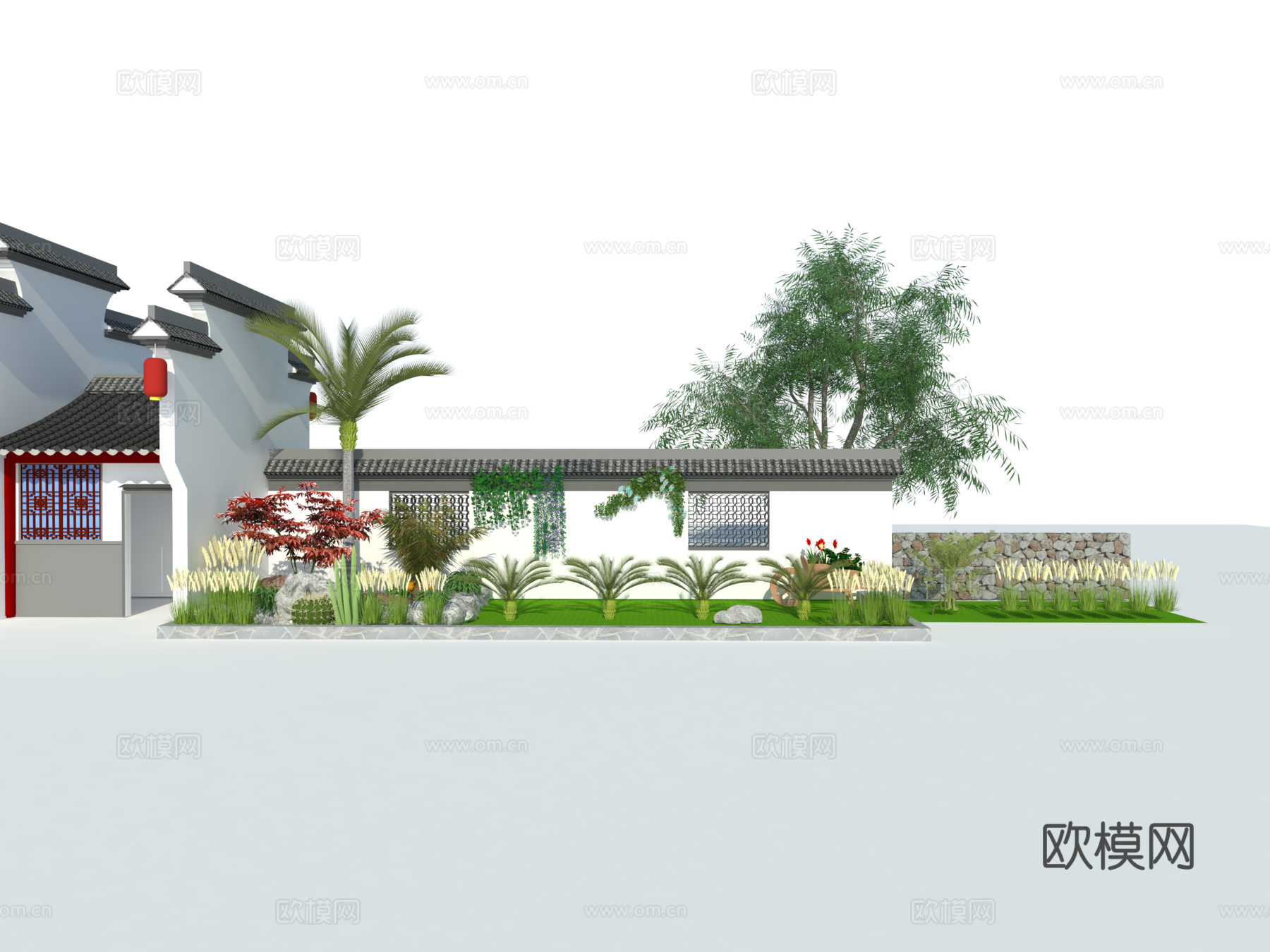 新中式院墙花坛su模型下载