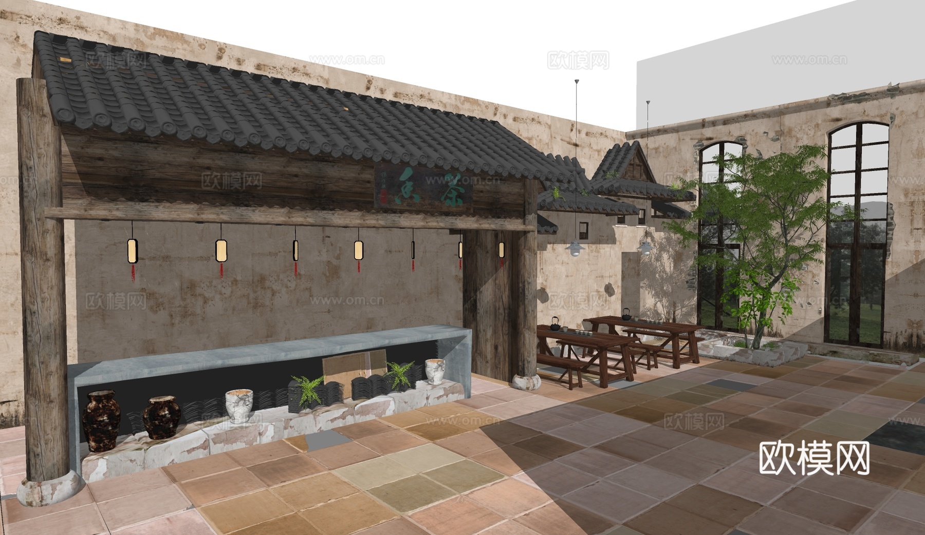 中式古建庭院su模型下载