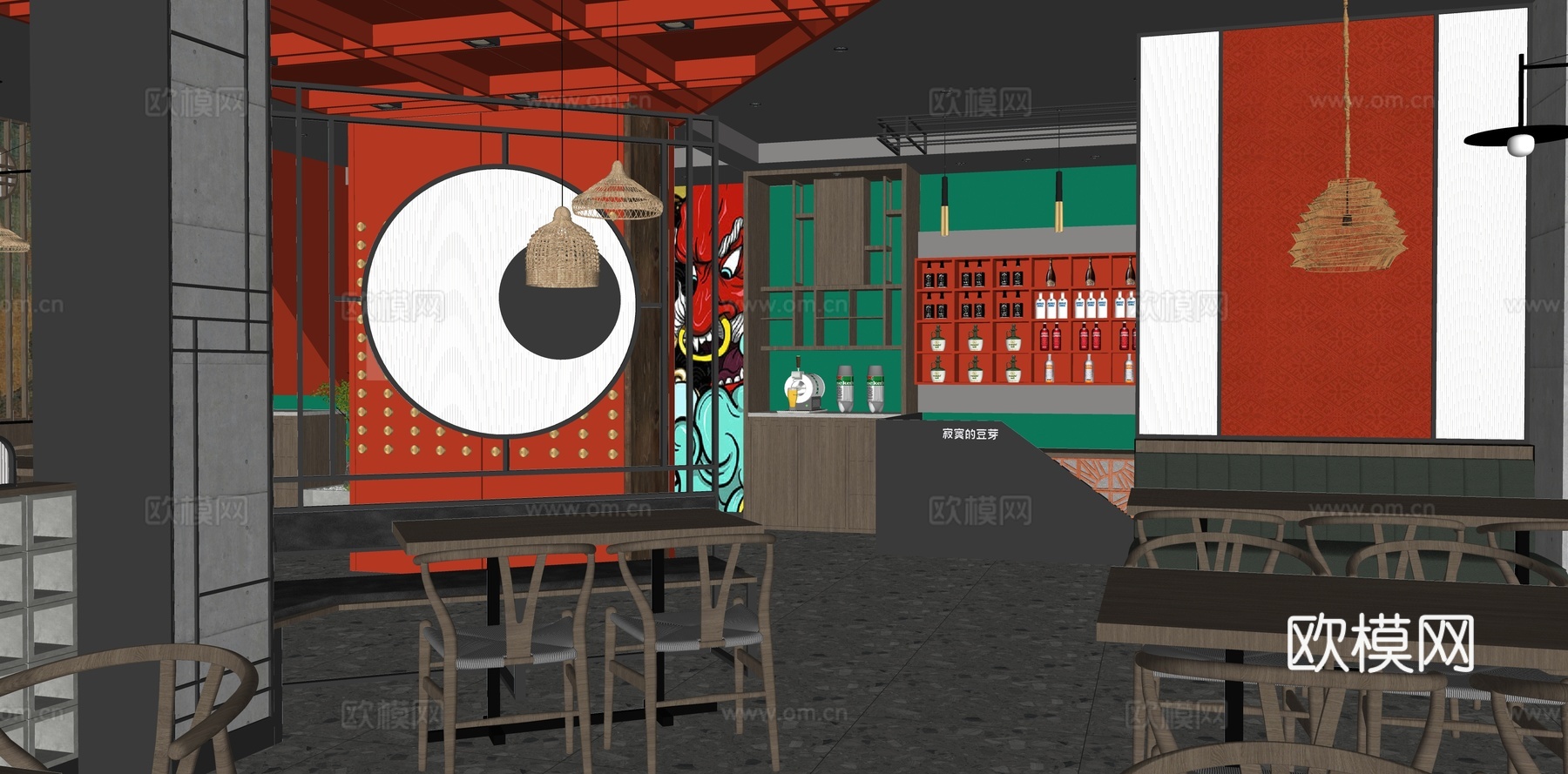 新中式中餐厅su模型下载下载（渲染图2）