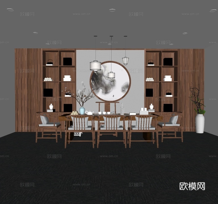 新中式书房茶室su模型下载