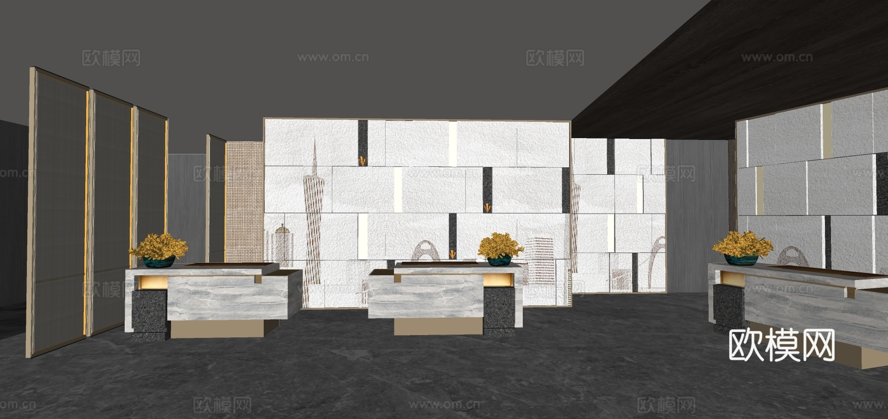 新中式酒店大堂su模型下载