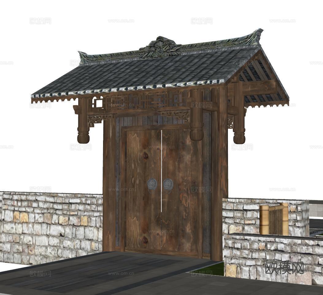 新中式庭院大门su模型下载