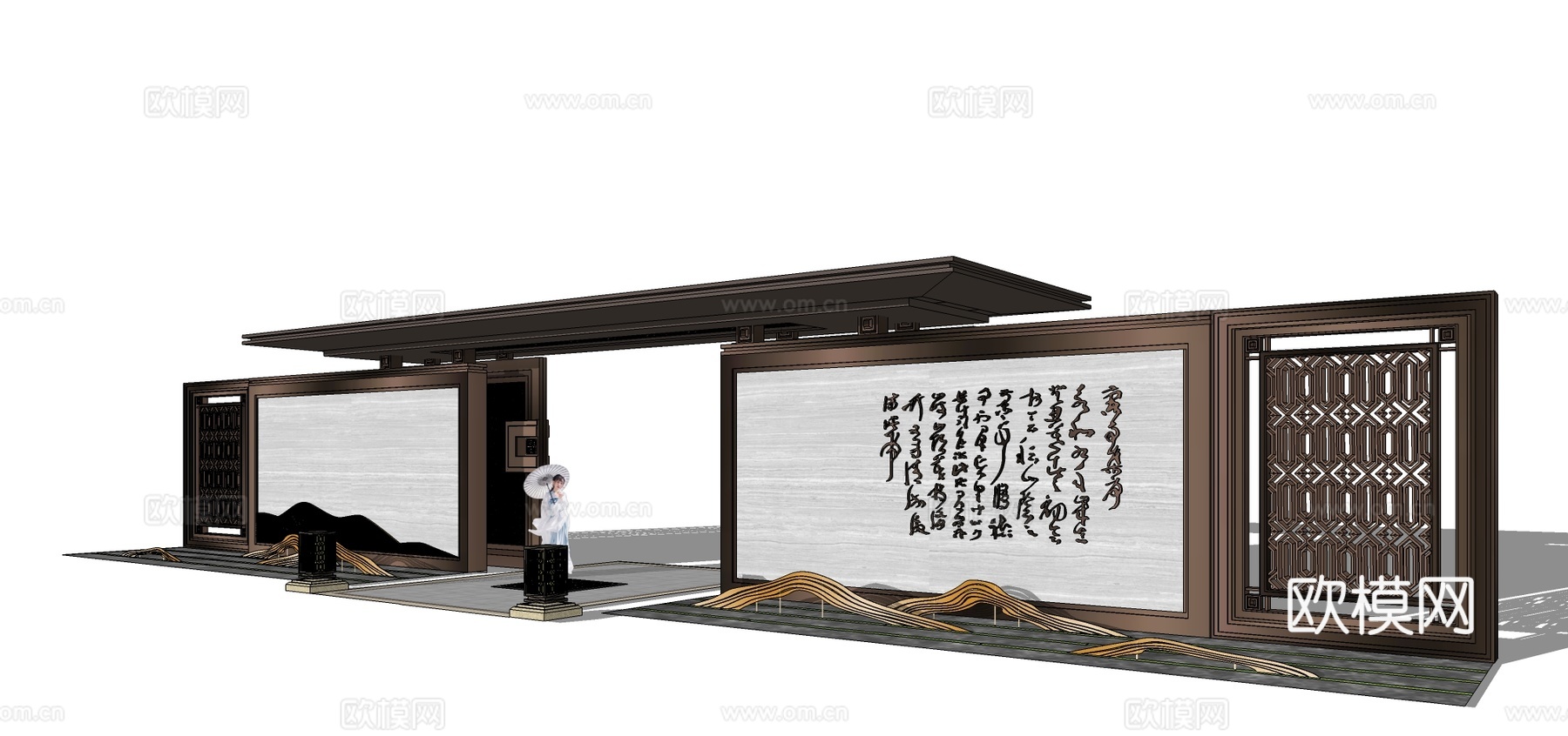 新中式小区入口大门su模型下载