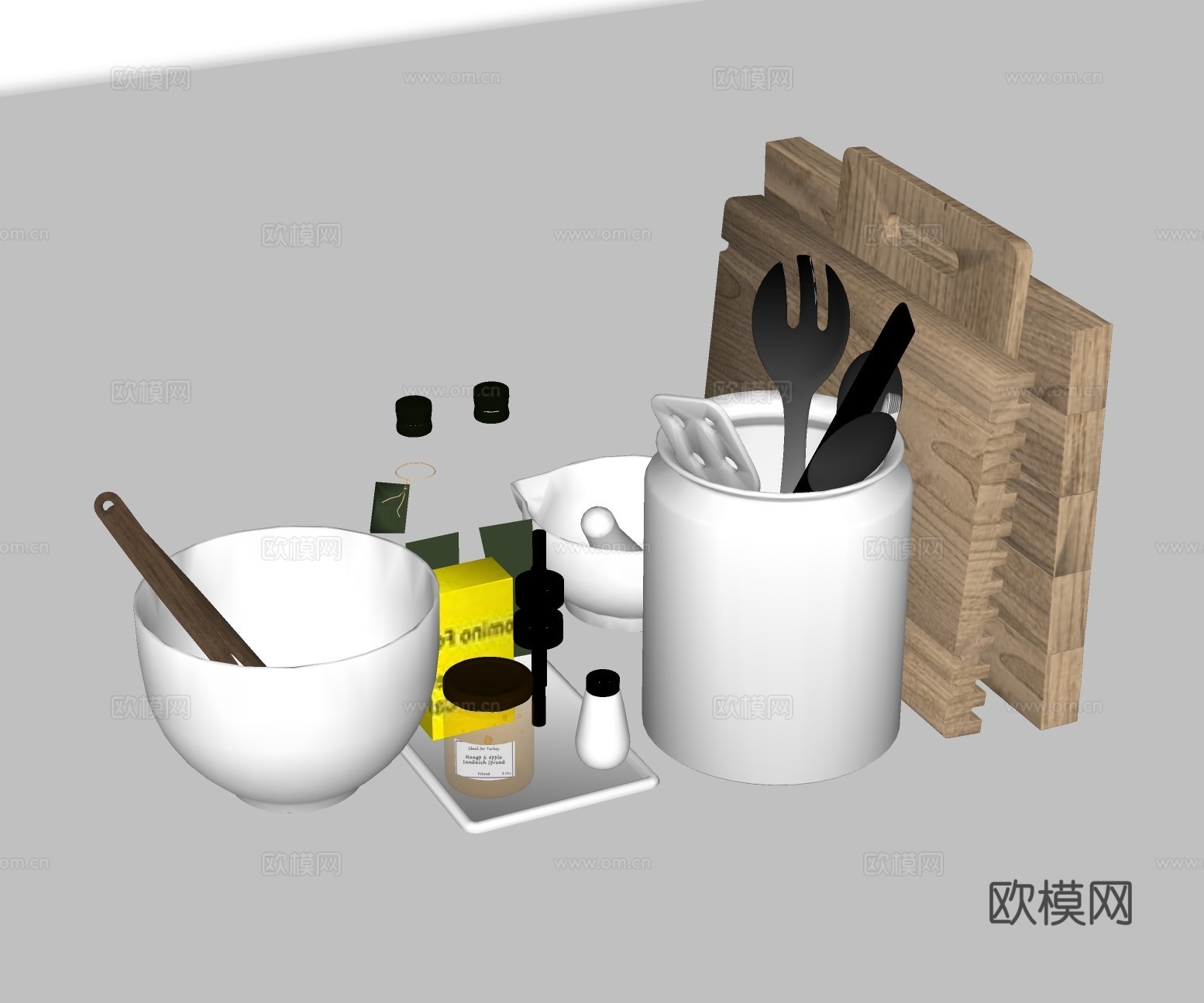 现代砧板调味品厨房器具su模型下载