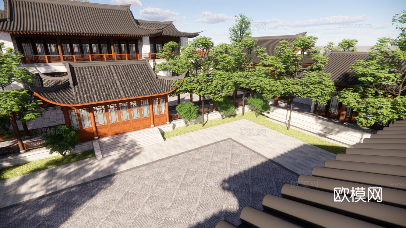 中式古建别墅外观su模型下载