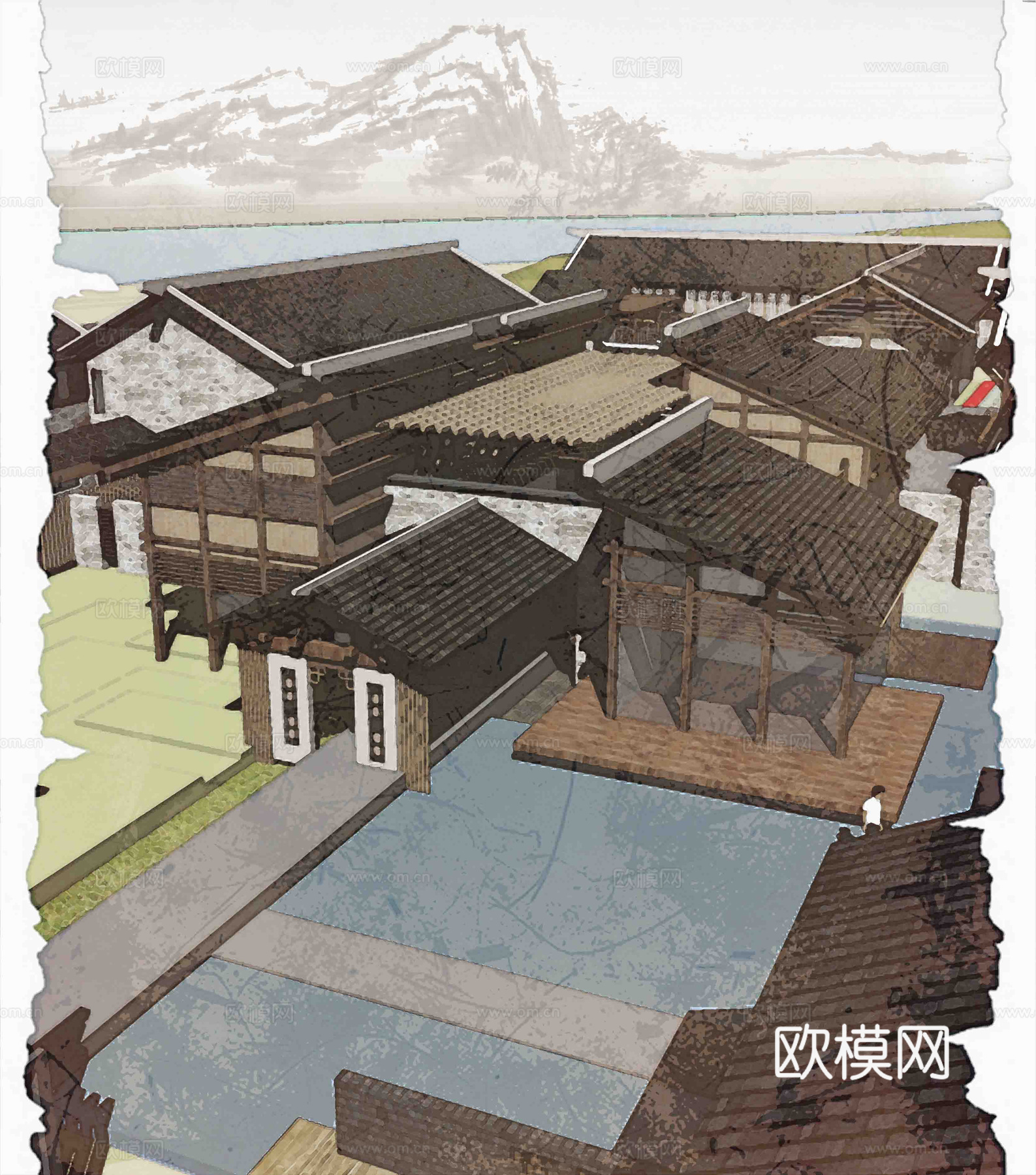 中式创意民宿仿古建筑su模型下载